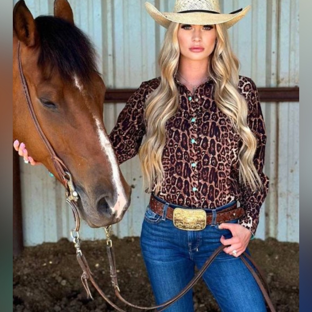 🤎🖤Sterling Kreek Feelin Lucky Long Sleeve Western  Leopard Rodeo Plus Size Also